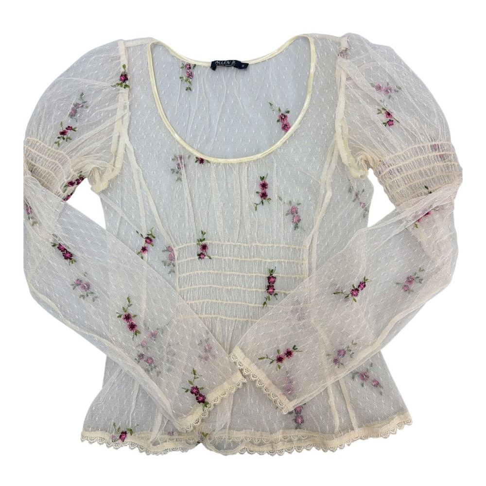 Allen B Sheer Embroidered Mesh Floral Cottagecore Peasant Overlay Top Size M Y2K